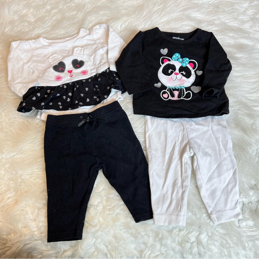 Infant 0-3 months panda bear outfits 2 tops 2 bottoms black white